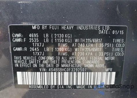 2015 Subaru Outback 2.5I Premium z USA, uszkodzony, nr VIN 4S4BSBHC0F3292507